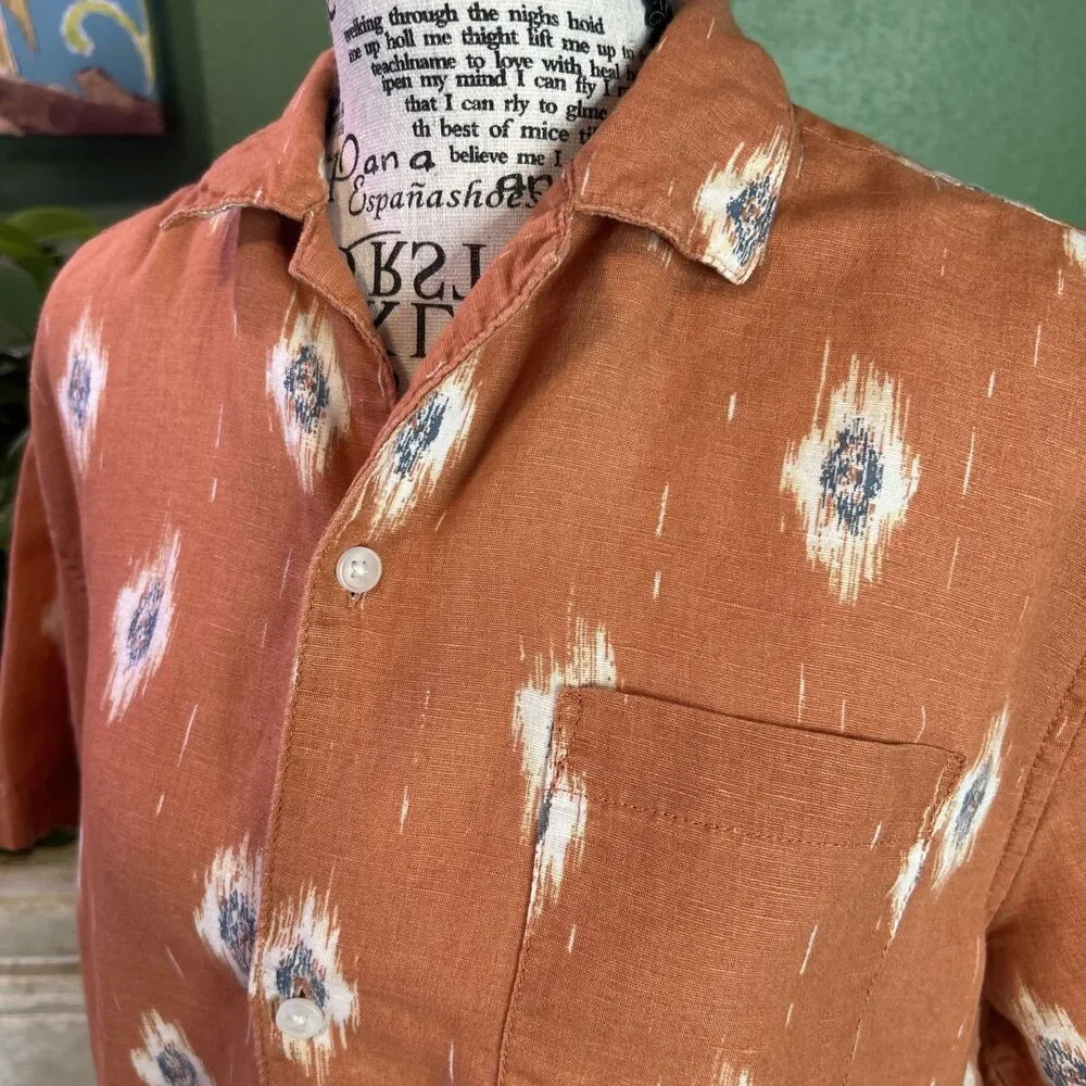 Vtg Men's Linen Blend Southwestern Style Button Up Orange Medium Coastal Country